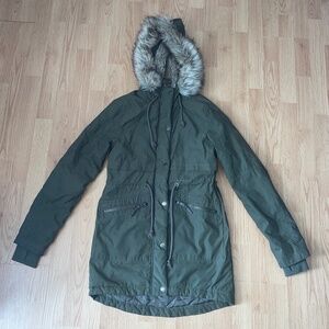 Aeropostale Army Green Faux Fur Lined Midi Zip / Snap Hooded Coat / Jacket